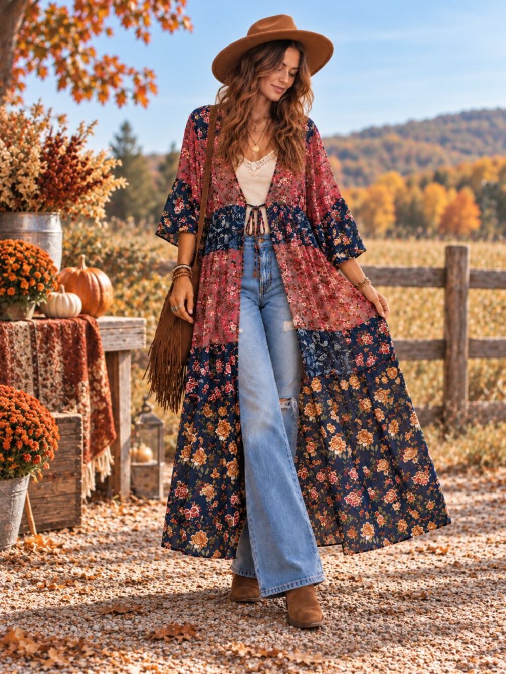 Boho Floral Tie Front Kimono Duster